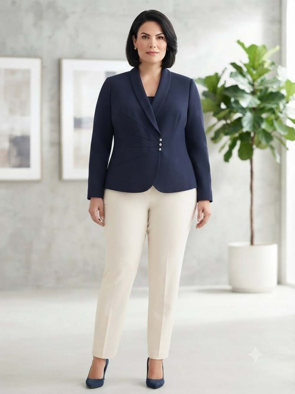 Tahari Navy Blue Blazer Jacket with Ruched Pleat Detail and Button Front, Size 1